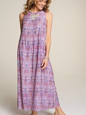 J. jill Pintucked A-line Maxi Dress In Purple Cream Bursting Medallions XS